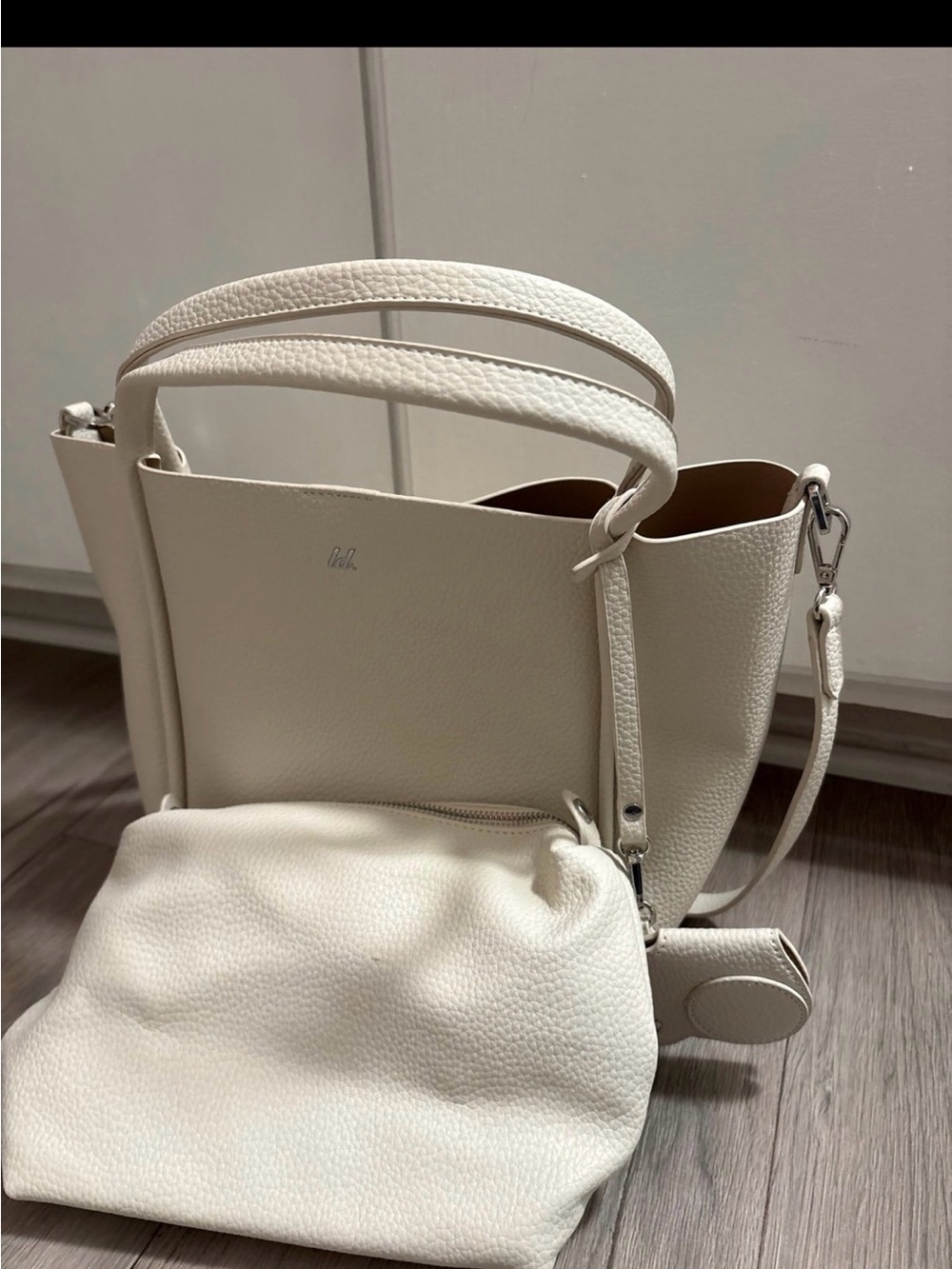 Women's White Leather Tote Bag with Removable Pouch